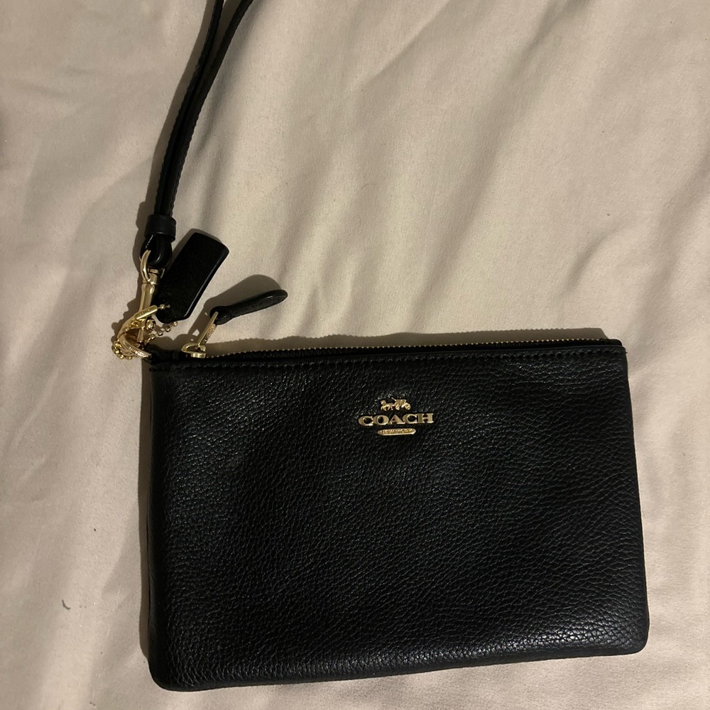 Coach Black Leather Wristlet with Gold Accents